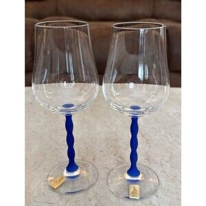 Nachtmann Lead Crystal Wine Glasses Wavy Cobalt Blue Stem Set of 2 Germany 7"